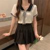 2026 Verano Nuevo Estilo Estilo Marino Con Cordones Cuello de Muñeca Tejido de Seda Helada para Mujer Verano Delgado Negro Manga Corta Top