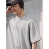 Camiseta de Manga Curta Pesada Falsa Duas Peças com Textura Waffle para Homens e Mulheres Verão Decote V Solta Simples Manga Meia-Manga Gola Henry Top
