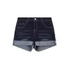 Shorts de Mezclilla Azul Oscuro Estilo Americano para Mujer, Nuevo Estilo Verano 2025, Talla Grande de Cintura Baja Adelgazantes Hot Girl con Dobladillo Arrugado, Corte A