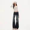 Jeans slim fit de perna reta transfronteiriço, lavado e desgastado, com fivela de Paris, azul-cinza escuro, extra-longo, com padrão Yichun