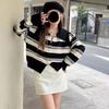 Cardigan Feminino Listrado Colorido Contrastante Retrô com Zíper Duplo Outono Quente Estilo College Gola Polo Manga Longa Top Jaqueta