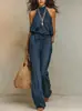 2026 Nuevo Mono Bohemio de Estilo Europeo y Americano con Cuello Halter para Mujer, Algodón y Nailon, Cintura de Corbata, Pierna Ancha, Vacaciones, Sin Mangas, Pantalón Largo