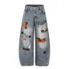 Jeans de Pierna Curva para Hombre con Bordado de Cachorro de Dibujos Animados, Tendencia Retro Streetwear, Lavados Desgastados, Pierna Ancha Curva, Pantalones Largos