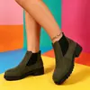 Botas Femininas Transfronteiriças Outono Inverno Botas Chelsea Cano Curto Foscas Femininas Bico Redondo Elástico Salto Bloco Nude Botas Europeias e Americanas Tamanho Grande Botas Femininas Cano Curto