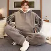 Pijama com Zíper Masculino Outono Inverno Coral Fleece Espessado Mais Veludo Quente Jovens Cardigan Roupas de Casa Conjunto Casual Masculino