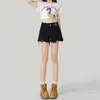 Shorts de Mezclilla Negros de Corte A Rasgados para Mujer, Talla Petite, Estilo Delgado de Verano, Cintura Alta, Doble Botón, Borde Deshilachado, Hot Pants de Pierna Ancha