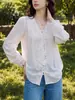 Nova Chegada de Outono: Camisa Social Branca Francesa Feminina de Manga Longa com Renda e Decote em V em Acetato Tencel, Estilo Socialite Elegante, Roupas Femininas Nanyou