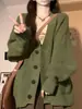 Novo Estilo Cardigan de Tricô com Decote V Espesso Roupa Externa Feminina Solta Macio Cera Manga Longa Elegante Casual Suéter Feminino Médio-Longo