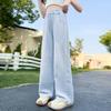 Pantalones de Verano Finos Sueltos Anti-Mosquitos de Mezclilla Tencel con Cordón Floral para Niñas 2025 Pantalones Frescos Rectos de Pierna Ancha