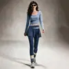 Conjunto de Yoga Elástico de Dos Piezas para Mujer con Sensación de Segunda Piel, Cuello Redondo, Almohadillas para Sujetador Incorporadas, Manga Larga, Cintura con Bloque de Color, Pantalones Falda Falsos de Dos Piezas, Conjunto de Fitness