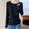 Otoño/Invierno Lana Fina 6% Cuello Redondo Botones Dobladillo Irregular Plisado Corte Ajustado Manga Larga Prenda Base de Punto para Mujer