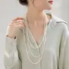 Diseño Francés Collar Largo de Perlas de Cristal de Tres Capas Cadena para Suéter Emparejado con un Pequeño Collar Largo Retro Suave y Fragante