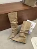 Botas Altas de Tacón de Cuña Puntiagudas de Nuevo Estilo 2026, Fruncidas, Estilo Chica Caliente, Hasta la Rodilla, Rectas, de Tacón Alto