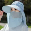Chapéu de Sol Removível para Mulheres Verão Estilo Coreano Chapéu de Topo Vazio Aba Larga Anti-UV Chapéu de Sol para Ciclismo Chapéu com Máscara Facial