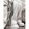 Talla Grande 150kg Blanco-Gris para Mujer Primavera-Verano Delgados de Pierna Recta Pierna Ancha Rayados Sueltos Estilo Perezoso Pantalones de Chándal