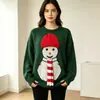 Suéter de Natal transfronteiriço europeu e americano para mulheres, suéter de malha pullover com blocos de cor e detalhes artesanais 3D de boneco de neve de lã