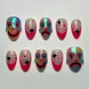 30 Uñas Postizas Medianas Almendradas con Diseño Electroplateado de Cara de Payaso Joker con Punta Roja Cromada Aurora Uñas Postizas Brillantes Reutilizables para Mujeres Niñas Halloween Fiesta Creepy Lindo Manicura