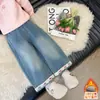 Estilo Novo de Inverno Jeans com Renda de Coração Plus Veludo 2026 Estilo Coreano Calças Retas Estilosas para Meninas Roupas Infantis Dropshipping