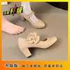 Sapatos rasos bico redondo feminino salto grosso 2026 novos sapatos delicados salto médio sapatos Mary Jane feminino salto alto laço sapatos femininos versáteis