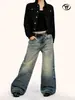 Jeans Rectos Estilo Retro Americano Azul Yongfang para Hombres y Mujeres, Corte Holgado, Lavado Tridimensional con Bigotes de Panal, Pantalones Casuales de Pierna Ancha de Moda