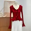Nuevo top de punto francés de estilo suave para principios de otoño, con volantes, estilo ins, ajustado, de manga larga, capa base de invierno para mujer