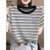 Camiseta Feminina de Algodão Puro com Listras, Manga Curta, Ombro Normal, Estilo Coreano, Moda Versátil, Chique, Rejuvenescedora, Emagrecedora, Top Tendência