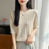 Transfronterizo 2026 nuevo modelo tejido de lana de punto con huecos corrugados, cuello redondo, manga corta, para mujer, verano, fino, transpirable, holgado, jersey