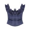 Camiseta Retro Ruffled Ombro a Ombro Estilo Francês para Mulheres, Top Curto Xadrez Irregular de Verão com Ajuste na Cintura