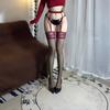 Medias de Ligero Suxingjia Color Contrastante Encaje Rojo Medias de Ligero Encaje Negro Seda Tubo Largo Arriba de la Rodilla Una Pieza Lencería Sexy