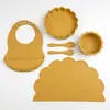 Novos Babadores de Silicone de Grau Alimentício para Bebê, Conjunto com Tema de Leão, Conjunto de Utensílios de Mesa de Silicone para Crianças com 6 Peças: Tigela, Colher e Garfo