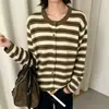 Elegante cárdigan de punto a rayas color block para mujer, diseño europeo otoño/invierno, corte holgado, suéter abrigo versátil y suave