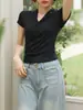 Camiseta de Manga Corta con Escote Cruzado en V de Gama Alta para Mujer, Nuevo Diseño Verano 2026, Corte Ajustado, Ceñida a la Cintura, Top Favorecedor