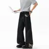 Calça Jeans Reta Longa Versátil Flare Masculina Retrô Americana de Sarja Crua Bordada, High Street Desconstruída Lavada