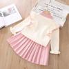Conjunto de Duas Peças com Manga Flip de Laço Estilo Coreano Moda Feminina Tesouro Outono e Inverno Novo Vestido Suéter Infantil