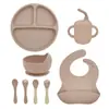 Conjunto de Louça de Silicone, Tigela de Comida Infantil, Utensílios de Prato de Comida de Grau Alimentício, Garfo, Colher, Copo de Água, Babador em Estoque