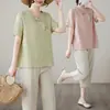 Camiseta Vintage Bordada Floral con Cuello Alto, Botones, Manga Corta para Mujer, Corte Holgado, Nueva de Verano 2026, Pulóver de Algodón y Lino, Moderna