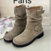 Botines Martin Cortos Apilados de Cuero Suave con Doble Hebilla para Mujer, Tendencia Otoño 2025 Botas Western Retro Arrugadas de Gamuza Planas para Mujer