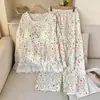 Novos Pijamas de Algodão Nuvem Estilo Primavera e Outono com Bojos para Mulheres, Cardigan de Manga Longa com Babados, Roupa de Casa, Pode Ser Usado Fora como um Conjunto