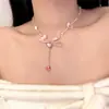 Colar de Miçangas Rosa Doce Amor com Laço de Fita e Franja Corrente para Clavícula Corrente