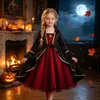 Fantasia de Halloween para Meninas Transfronteiriça Retro Descendentes Vestido Escuro de Festa Fantasia de Bruxa Conjunto Completo