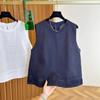 Blusa de Linho Sem Mangas Estilo Francês Coreano para Mulheres Verão 2025 Nova Moda Bordado Pesado Gola Redonda Colete Camisa Top