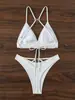 Biquíni Jacquard Branco 3D Europeu e Americano com Amarração no Pescoço para Mulheres Triângulo de Copas Profundo V Peça Única de Roupa de Banho para Férias na Praia