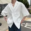 Camisa de manga corta con diseño de verano para hombre, holgada, de gofre a cuadros, cuello cubano, estilo moderno