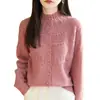 Cardigan de punto jacquard hueco con cuello alto estilo francés suave para mujer, camisa base de botones de color liso, prenda exterior petite