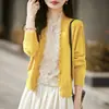 Elegante cárdigan de punto de lana con cuello en V, estilo dos piezas falsas, para mujer, con ribete de encaje y diseño calado, abrigo suéter de corte holgado