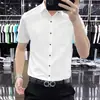 Camisa Casual Masculina de Manga Curta com Caimento Italiano de Alta Qualidade Não Amassa Verão Slim Fit Elástica Business Preto Seda de Gelo
