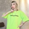 Top Verde Fluorescente para Mujer, Verano Manga Corta, Nuevo Estilo Coreano 2026, Camiseta Holgada Estilo Harajuku con Estampado de Letras, Manga Corta Tendencia Ins