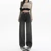 Jeans de Pierna Recta y Pierna Ancha Color Ceniza de Cemento para Mujer Otoño e Invierno 2024 Nuevos Pantalones de Forro Polar de Cintura Alta con Pequeño Toque de Diseño