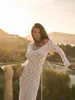 Moda Europeia e Americana Transfronteiriça Novo Decote em V Recorte Sexy Saia Longa Malha Justa ao Corpo Saia de Quadril Vestido de Manga Longa