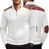 Sudadera de punto jacquard texturizada estilo americano para hombre con cuello camisero, patchwork en hombros y mangas, y mangas largas holgadas